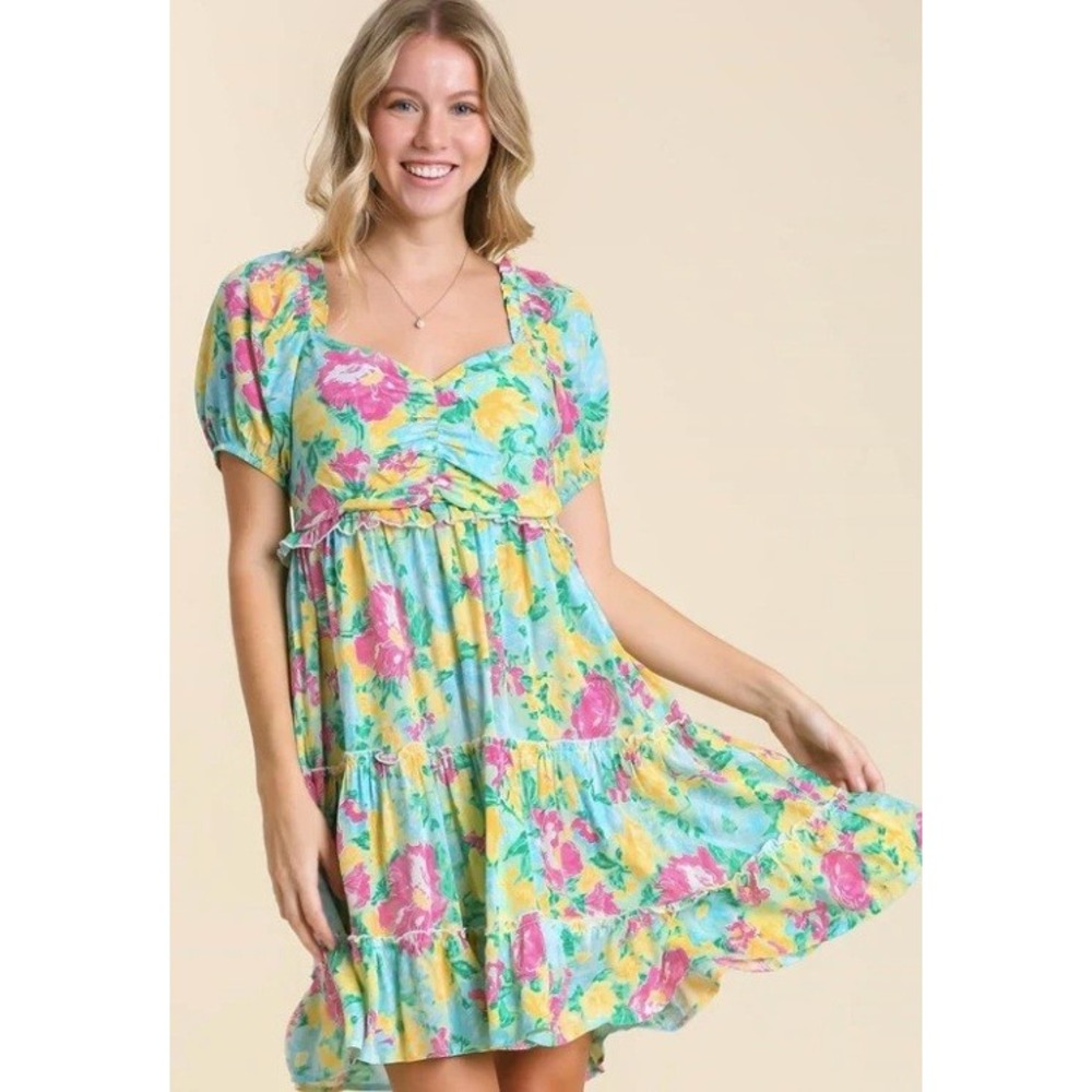 NEW Umgee Floral Tiered Mini Dress Pink Turquoise Small
